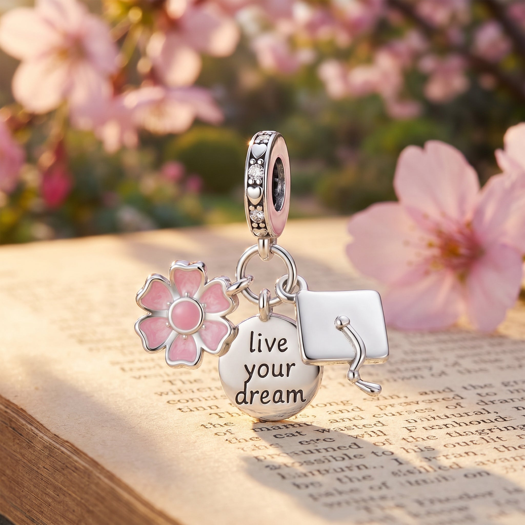 Zawieszka charms, potrójny wisiorek live your dream z różowym kwiatem, dla kobiet, model Dreamella