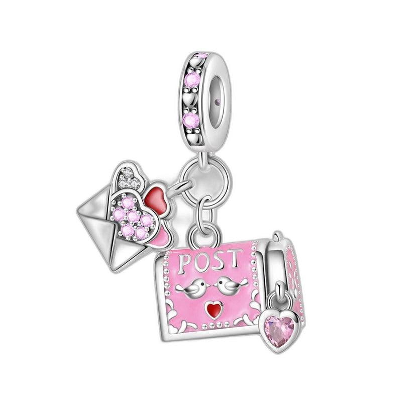 Charm-Anhänger, dreifacher Briefanhänger in Roségold mit Herzen und Vögeln, für Damen, Modell Postalia