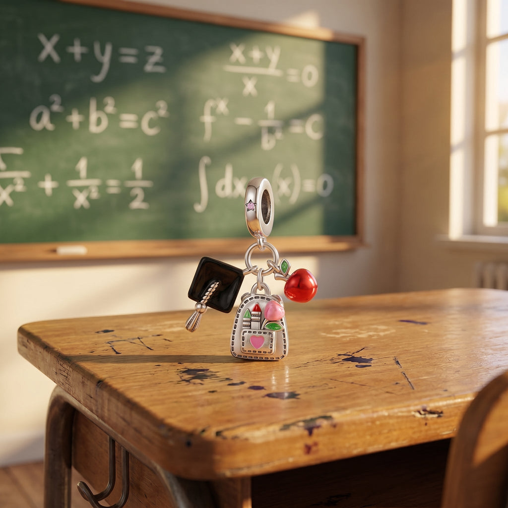 Charm pendant, triple school-themed pendant with backpack and apple, for women, Scholarina model