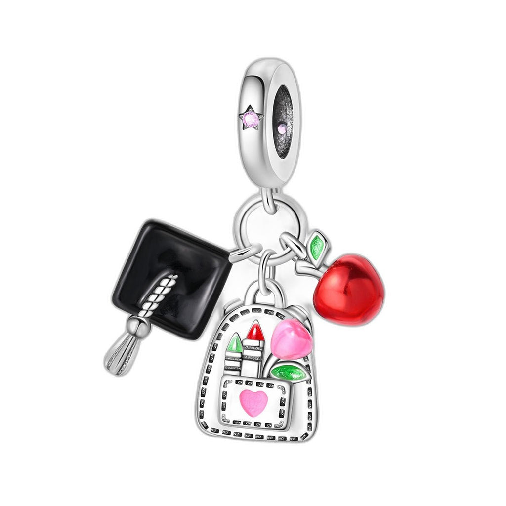Charm pendant, triple school-themed pendant with backpack and apple, for women, Scholarina model