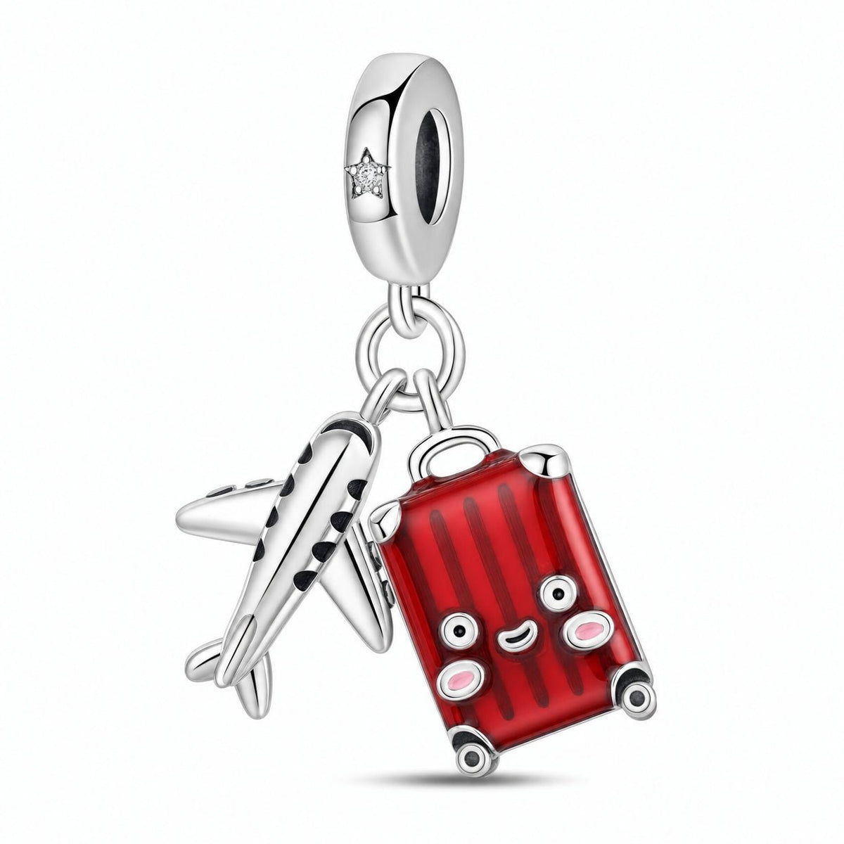 Charm-Anhänger, roter Koffer und Flugzeug, für Damen, Modell Aerolia