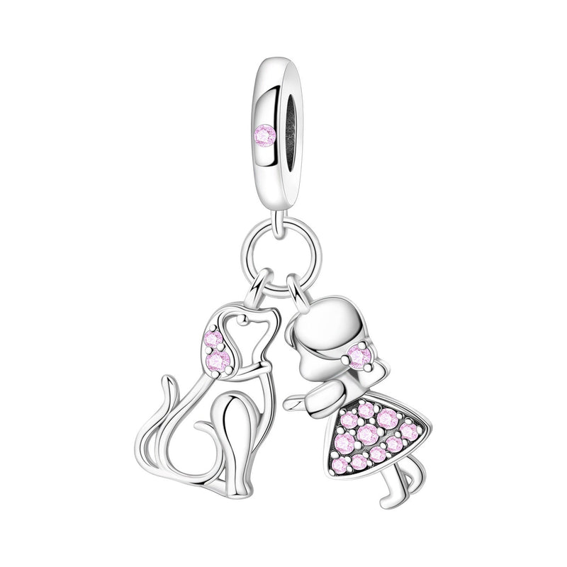 Charm, ciondolo animali carini in argento, per donna, modello Amicizia Ragazza e Cane