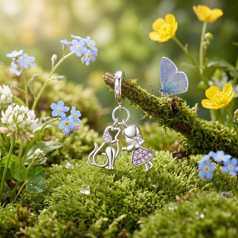 Charm, ciondolo animali carini in argento, per donna, modello Amicizia Ragazza e Cane