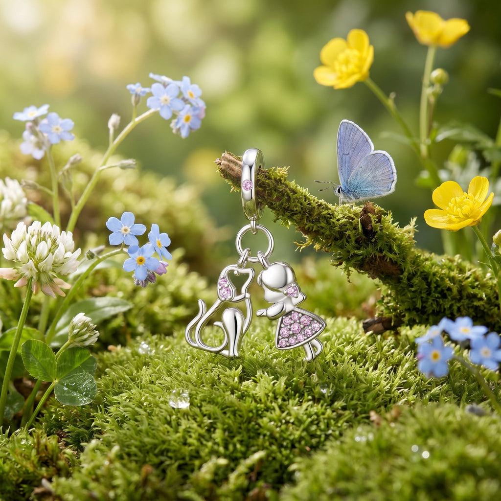 Charm, ciondolo animali carini in argento, per donna, modello Amicizia Ragazza e Cane