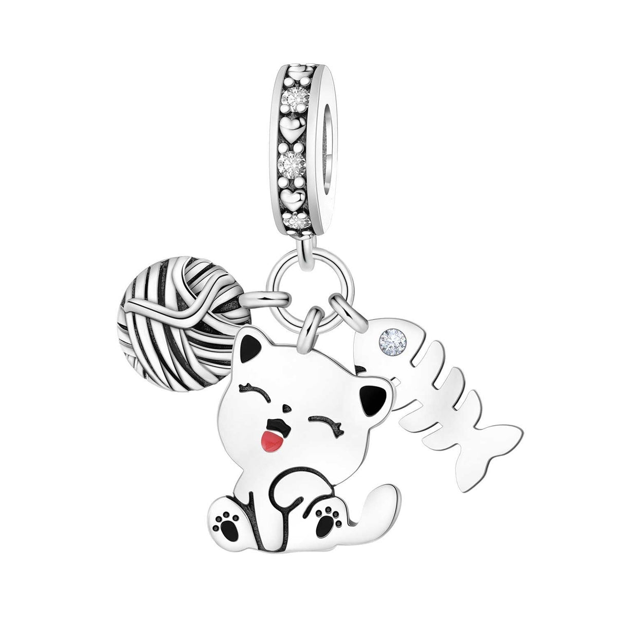 Charm triple pendentif chat, pelote et arête de poisson, finition argentée, modèle Chat Joueur Pelote et Arête