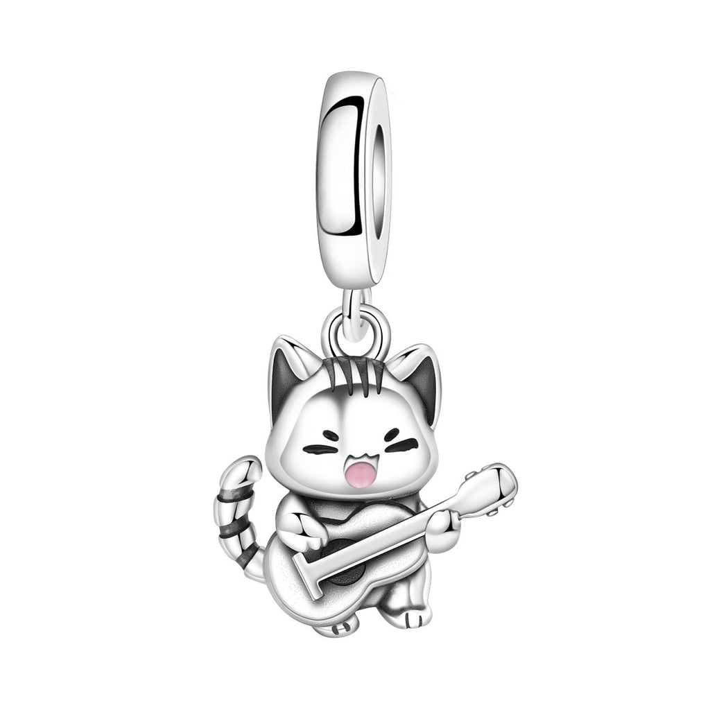 Charm, Pendentif animaux mignons en argent, pour femme, modèle Chat Musicien Guitariste