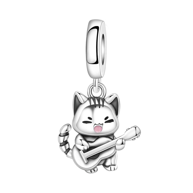 Charm, Pendentif animaux mignons en argent, pour femme, modèle Chat Musicien Guitariste