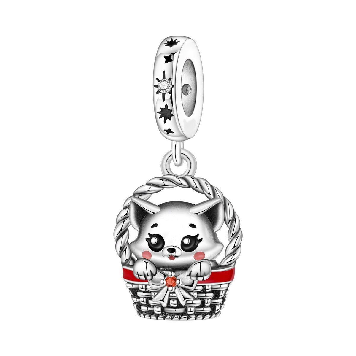 Charm chaton dans un panier tresse, ruban emaille rouge, pour femme, modele Chaton dans son Panier
