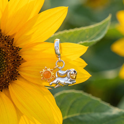 Double Pendant Dog and Sun Charm, silver and gold finish, for women, Playful Solar Dog model