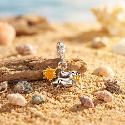 Double Pendant Dog and Sun Charm, silver and gold finish, for women, Playful Solar Dog model