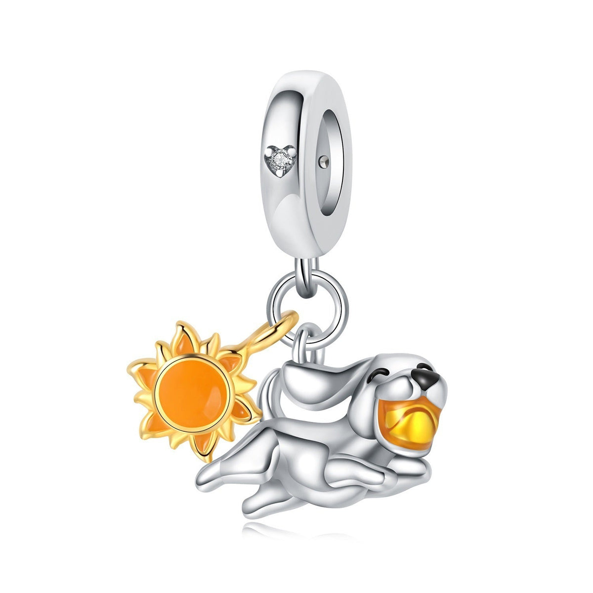 Double Pendant Dog and Sun Charm, silver and gold finish, for women, Playful Solar Dog model