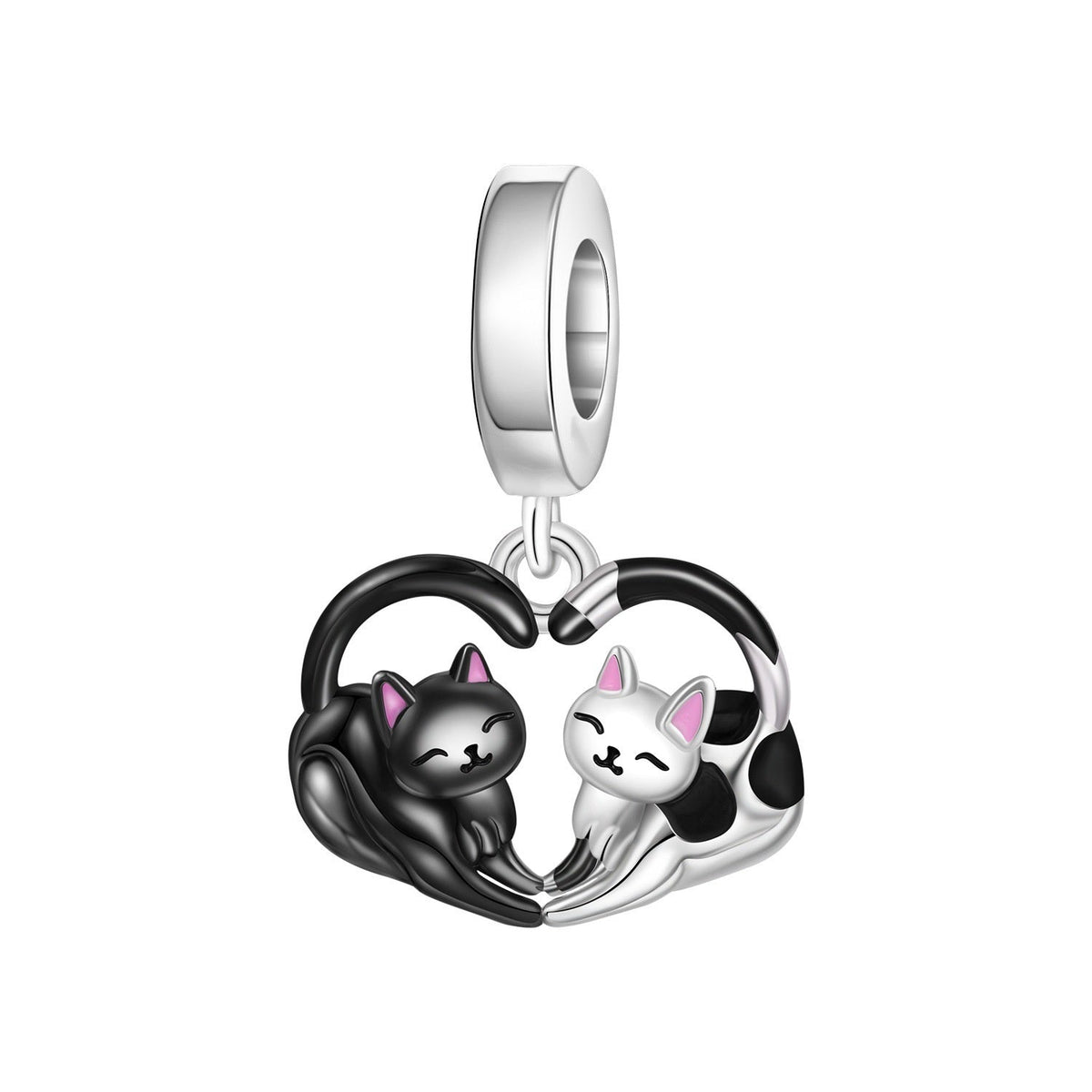 Charm duo de chats Yin Yang en forme de coeur, finition argentée et émail, modèle Duo de Chats Yin Yang