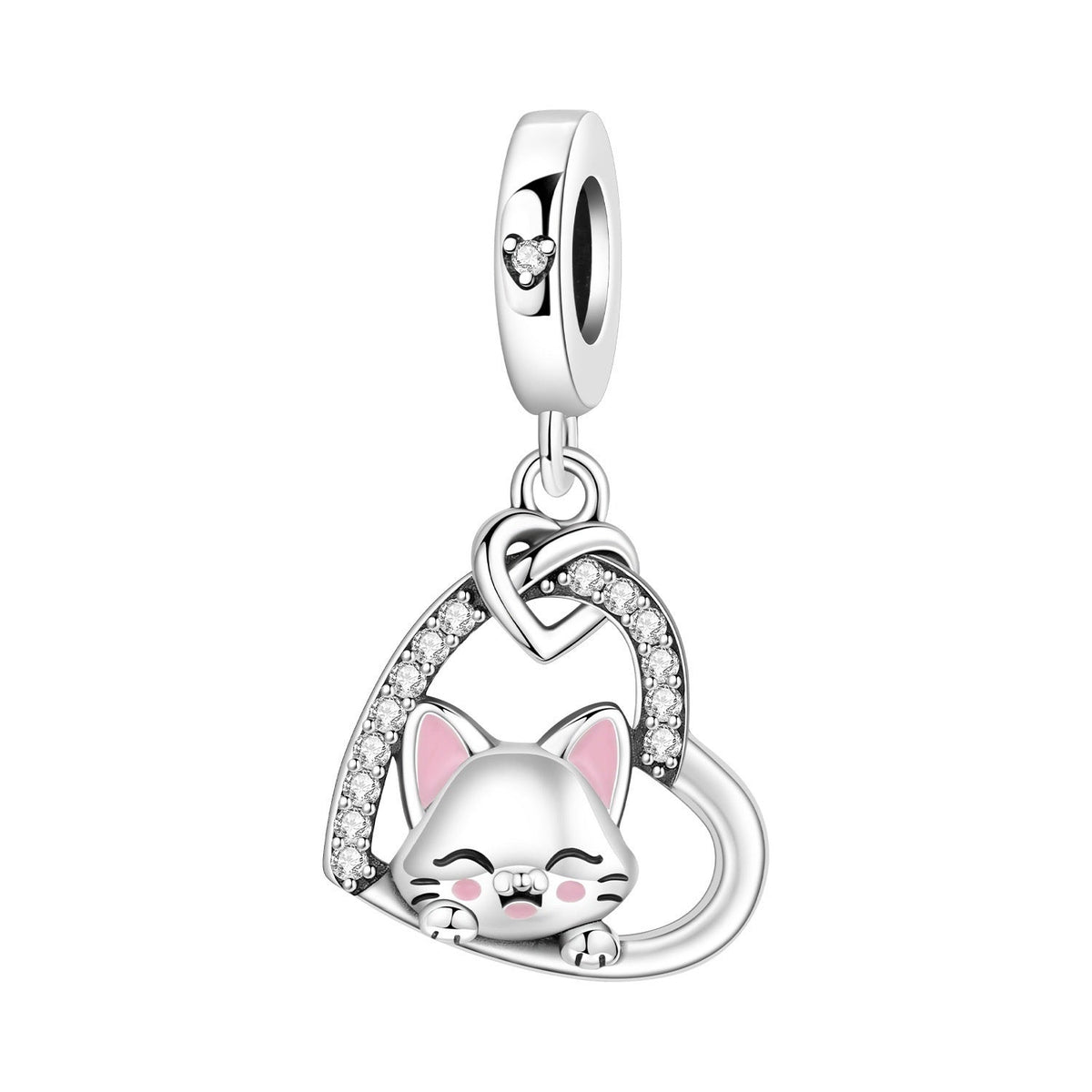Charm chat blanc dans un coeur pavé de zircons, finition argentée, modèle I Love My Cat