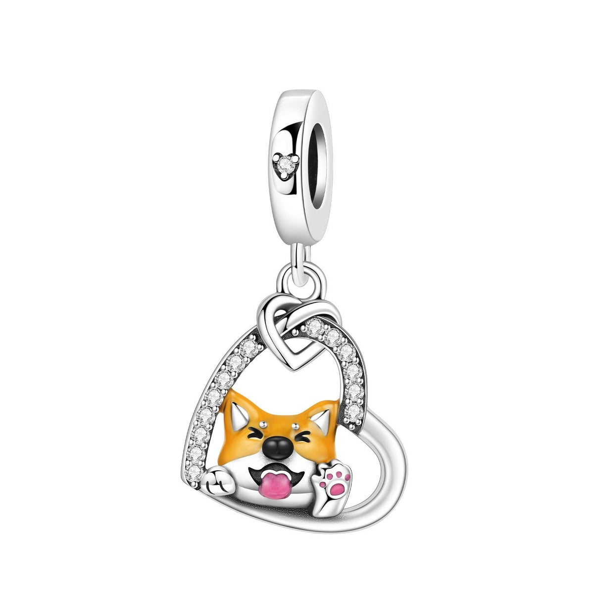 Shiba Inu in a Zircon-Set Heart Charm, colorful enamel, for women, I Love My Shiba model