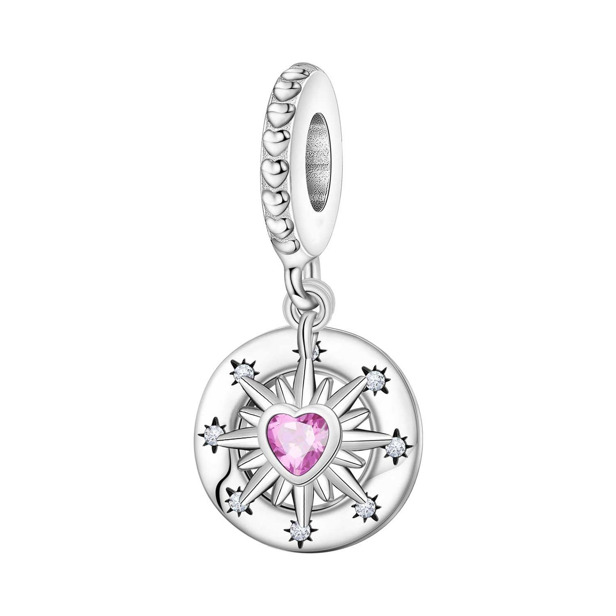 Celestial compass pendant charm, eight-pointed star and pink heart zircon, Starred Compass Pink Heart model