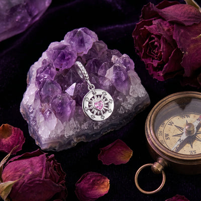 Celestial compass pendant charm, eight-pointed star and pink heart zircon, Starred Compass Pink Heart model