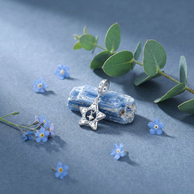 Openwork star pendant charm, blue and white zircons, for women, Shining Blue Star model