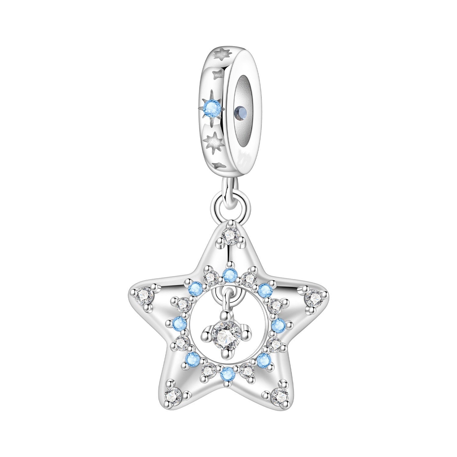 Charm, Pendentif céleste en argent et zircons, pour femme, modèle Étoile Scintillante Bleue