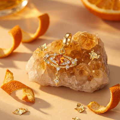 Planet charm with orbital ring, amber stone and zircons, for women, Golden Amber Planet model