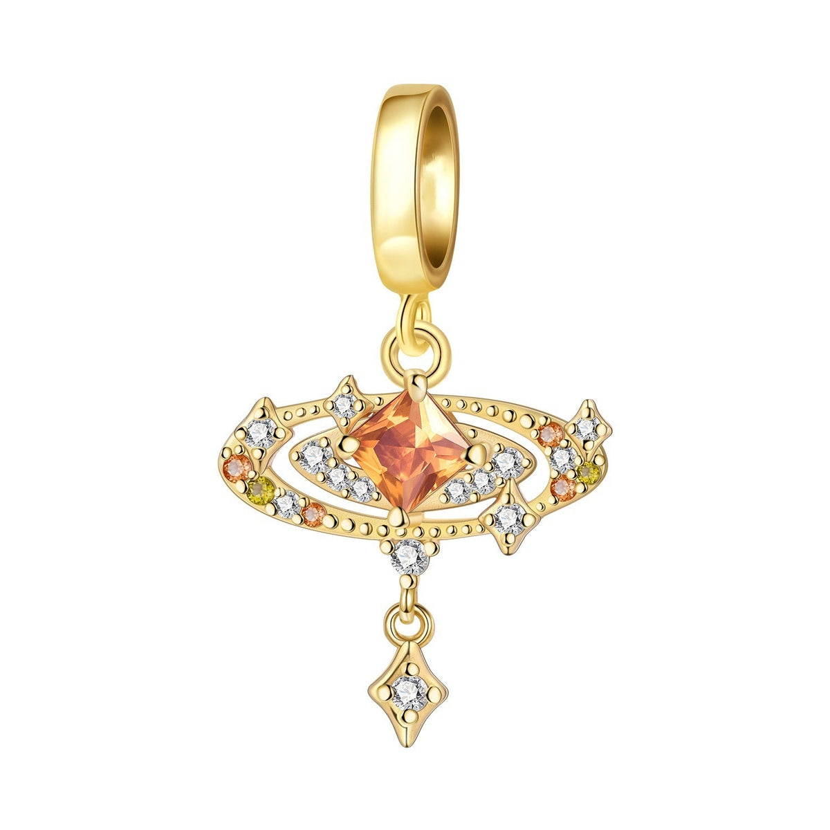Planet charm with orbital ring, amber stone and zircons, for women, Golden Amber Planet model