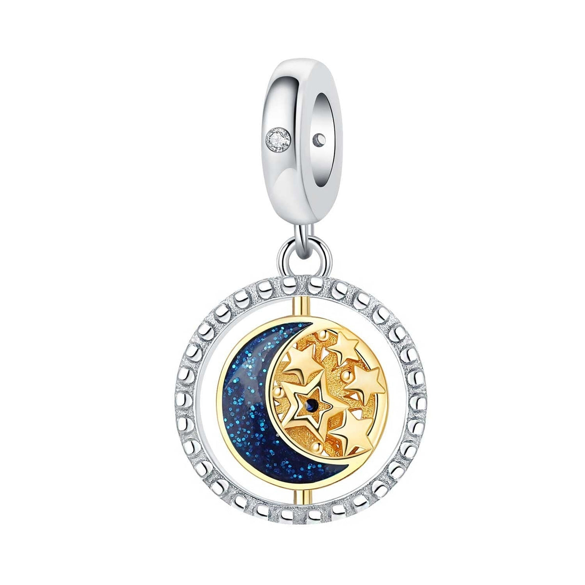 Charm rotatif soleil et lune, disque bicolore et email bleu nuit paillette, modele Soleil et Lune Rotatif