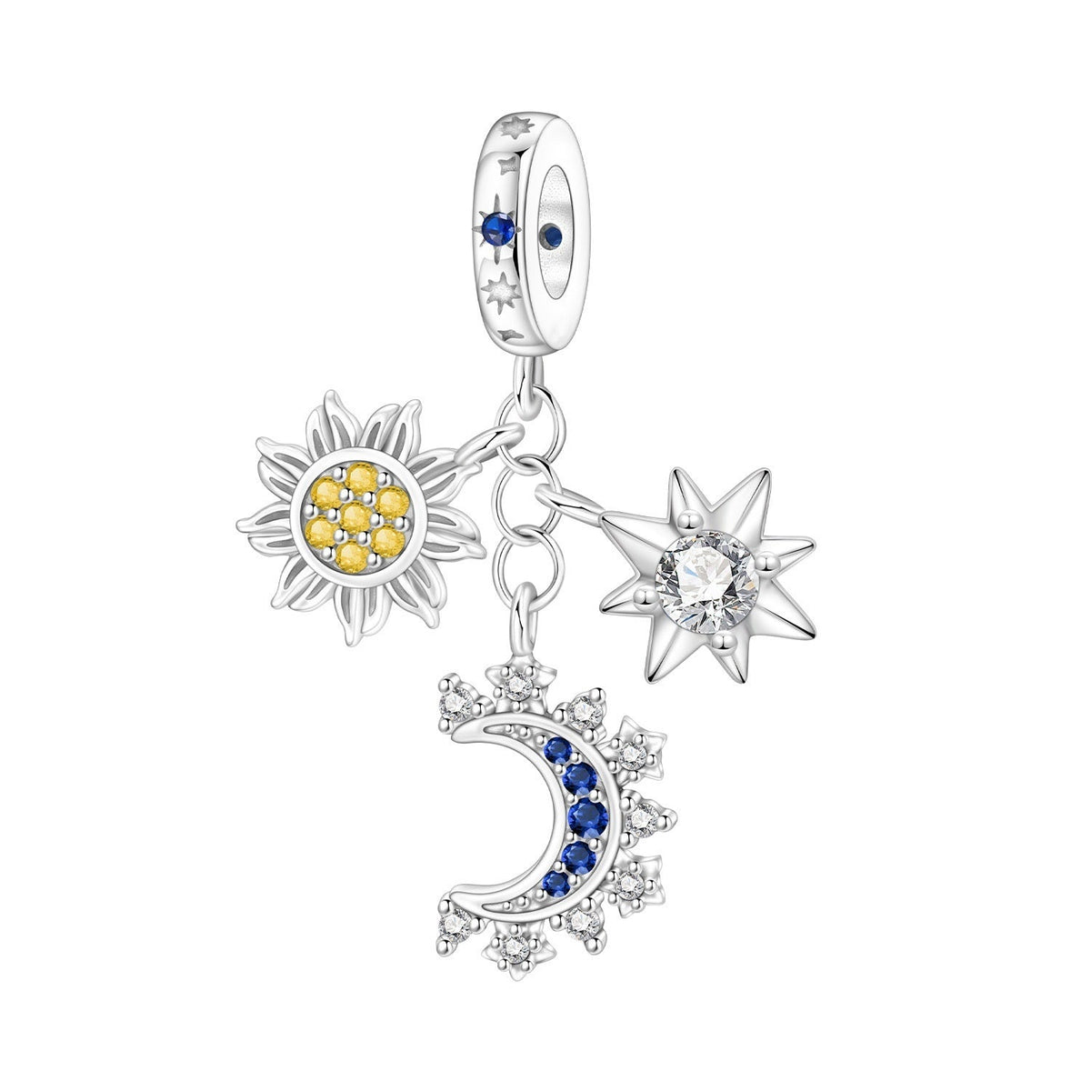 Triple Astral Celestial Pendant Charm, sun, moon, and star set with zircon stones, Triple Astral model