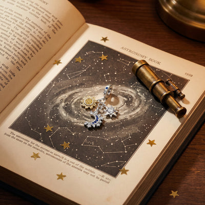 Triple Astral Celestial Pendant Charm, sun, moon, and star set with zircon stones, Triple Astral model