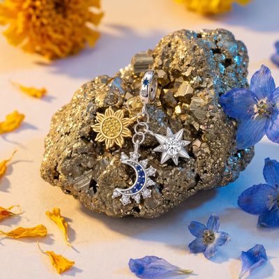 Triple Astral Celestial Pendant Charm, sun, moon, and star set with zircon stones, Triple Astral model