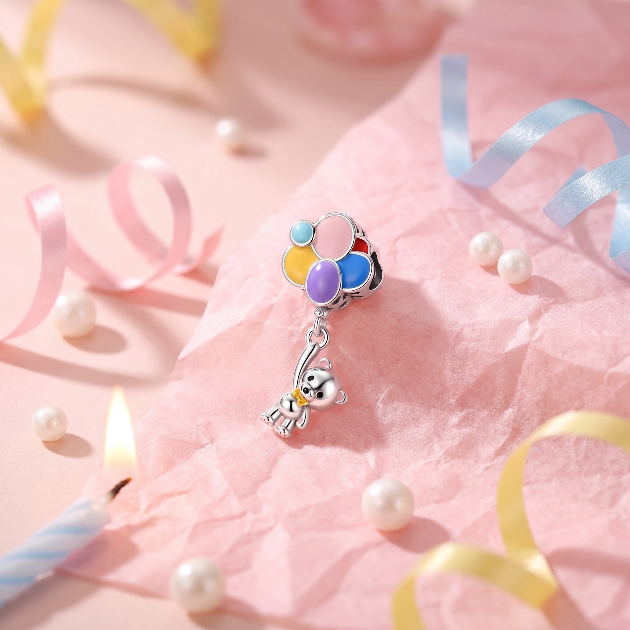 Charm, Pendentif cirque et fête foraine en argent, pour femme, modèle Ourson aux Ballons