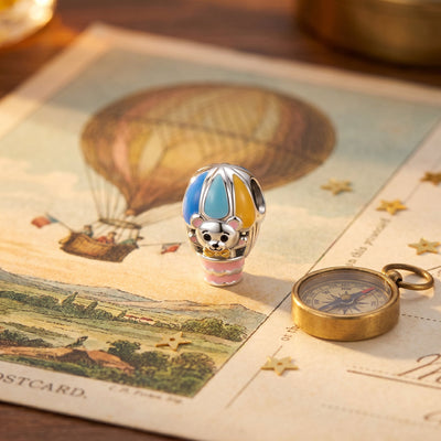 Charm montgolfière en émail coloré, ourson et nacelle, pour femme, modèle Ourson en Montgolfière