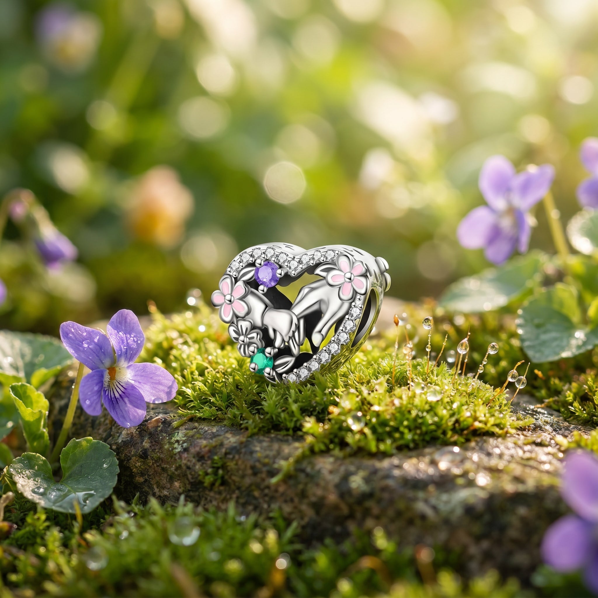 Charm, familie- og spiritualitetspendant i sølv til kvinder, model Sammenbundne Blomstrede Hænder