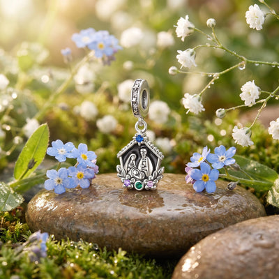 Nativity scene charm, black enamel background and colorful zircons, for women, model Starry Nativity