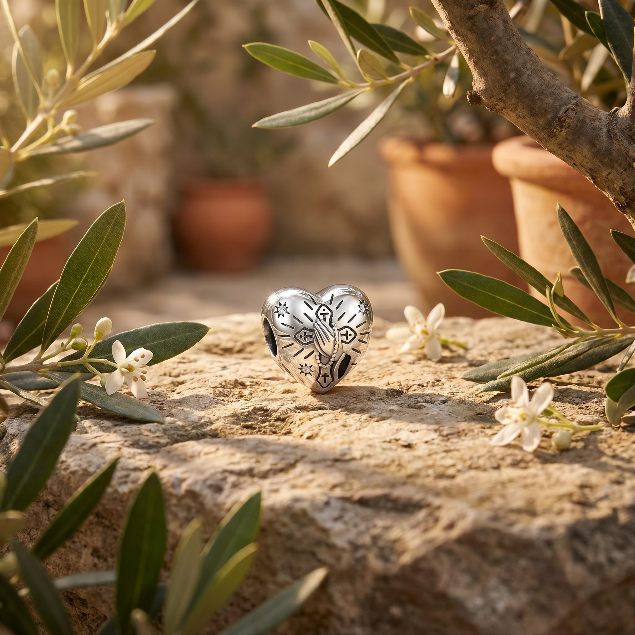 Charm, Familien- und Spiritualitätsanhänger aus Silber, für Damen, Modell Gebet und Rosenkranz