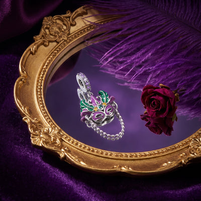 Venetian mask charm, green and violet enameled feathers, zircons, model Venetian Carnival Mask