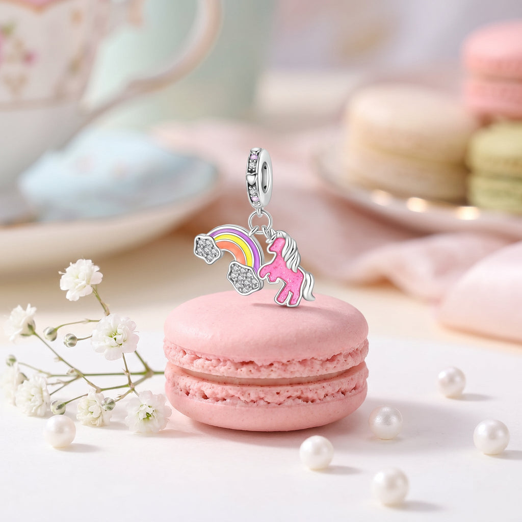 Charm, Pendentif licorne magique en argent, pour femme, modèle Duo Poney Arc-en-Ciel