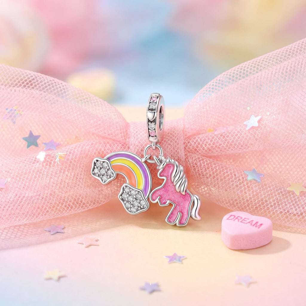 Charm, Pendentif licorne magique en argent, pour femme, modèle Duo Poney Arc-en-Ciel