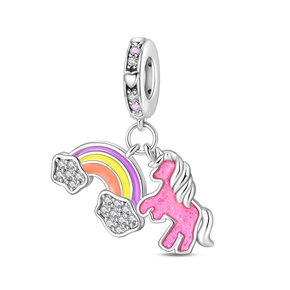 Charm, Pendentif licorne magique en argent, pour femme, modèle Duo Poney Arc-en-Ciel