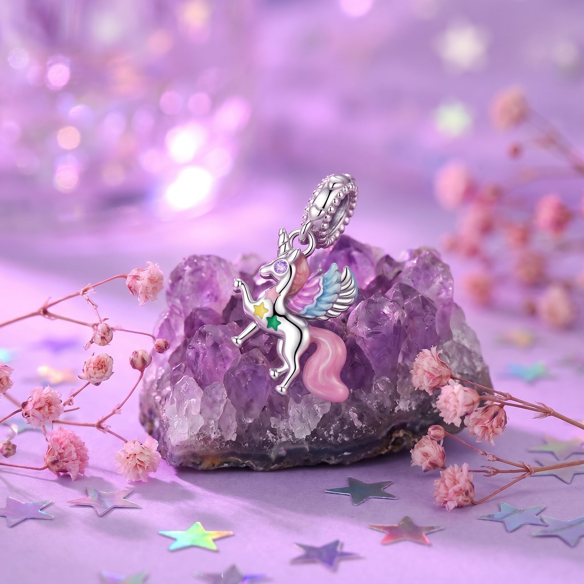 Charm, Pendentif licorne magique en argent, pour femme, modèle Licorne Féerique Ailée
