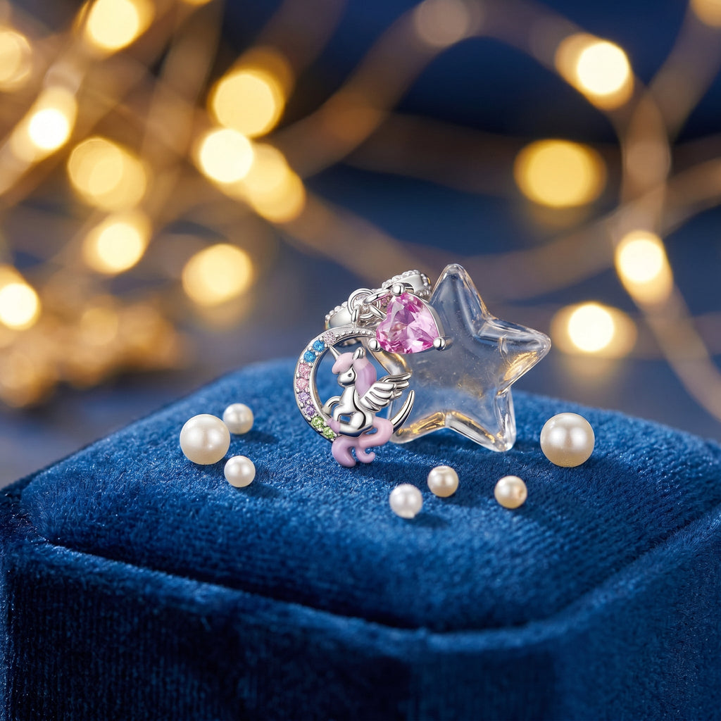 Charm, Pendentif licorne magique en argent, pour femme, modèle Licorne sur la Lune