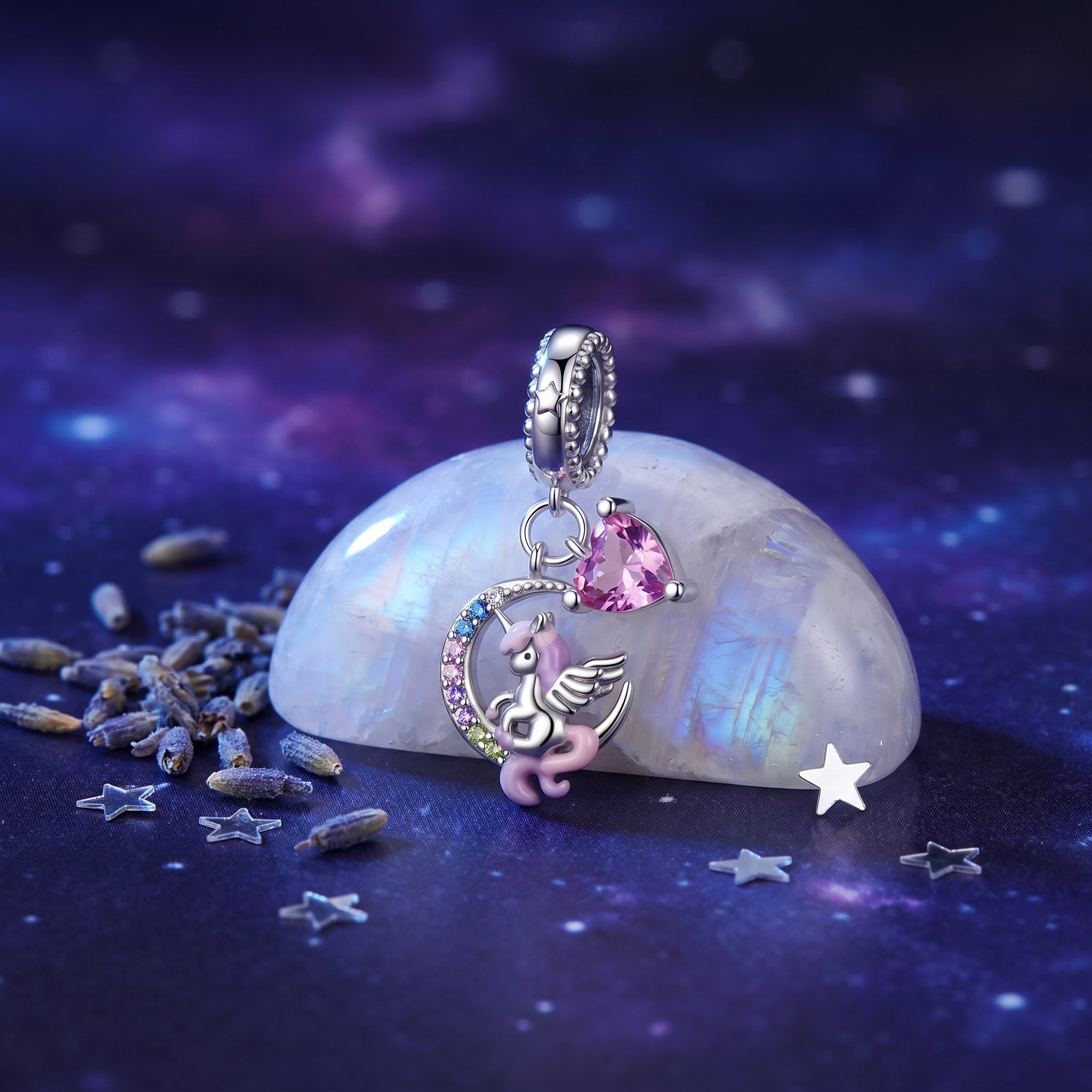 Charm, Pendentif licorne magique en argent, pour femme, modèle Licorne sur la Lune