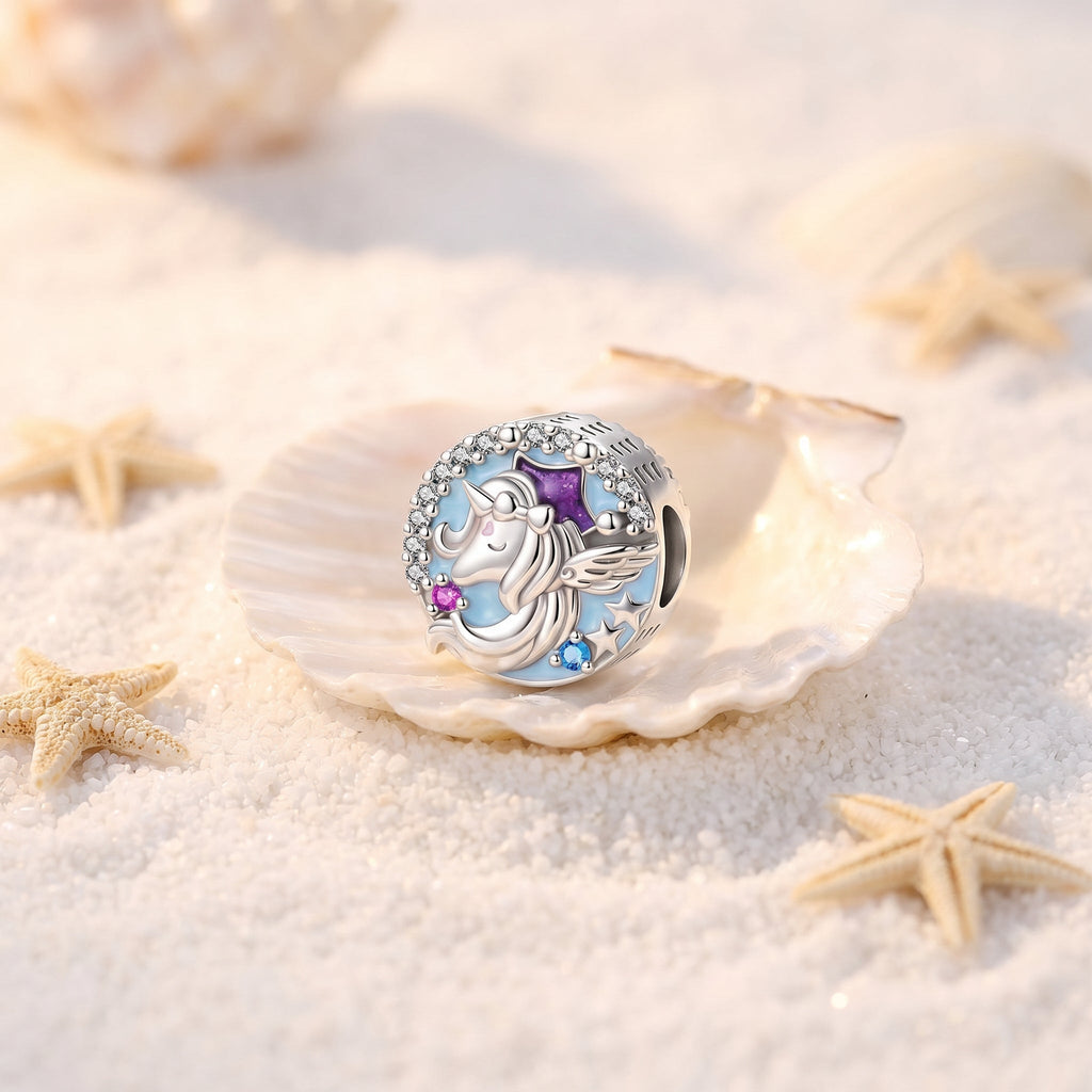 Charm, Pendentif licorne magique en argent, pour femme, modèle Perle Licorne Étoilée