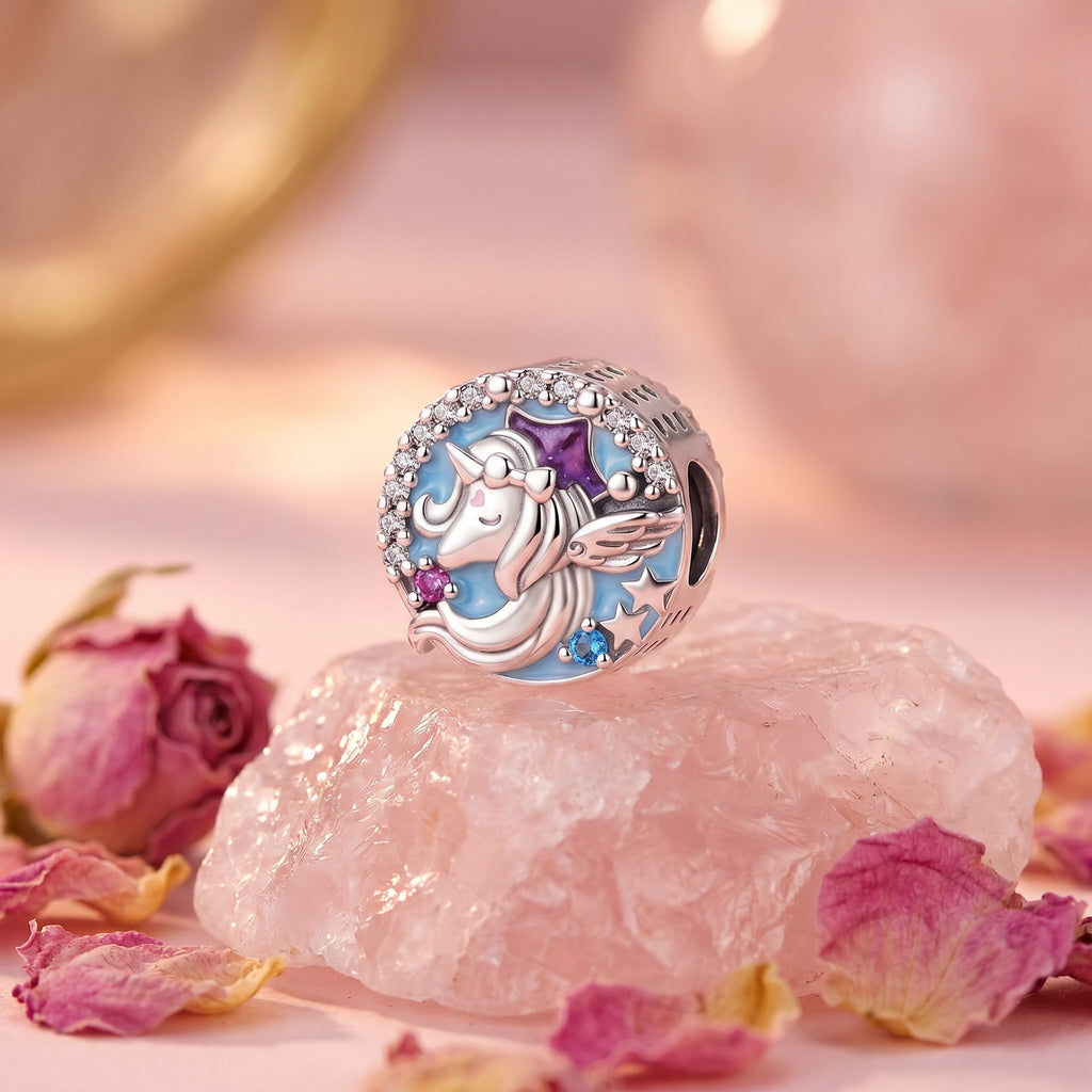 Charm, Pendentif licorne magique en argent, pour femme, modèle Perle Licorne Étoilée