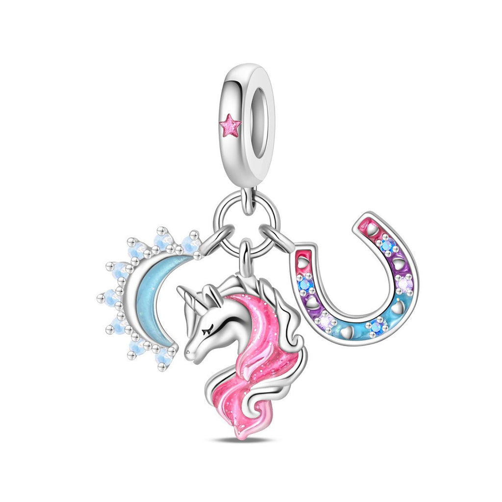Charm, Pendentif licorne magique en argent, pour femme, modèle Trio Magique Licorne et Lune