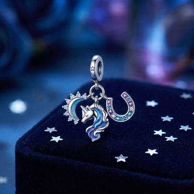 Triple charm pendant unicorn, enamelled moon and shooting star, Magic Trio Unicorn and Moon model
