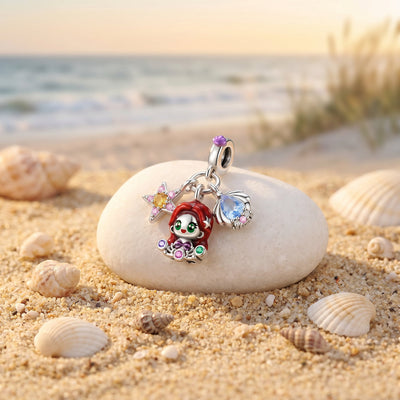 Charm hanger prinses en schelp, gekleurde emaille en zirkonia, model Prinses van de Oceaan