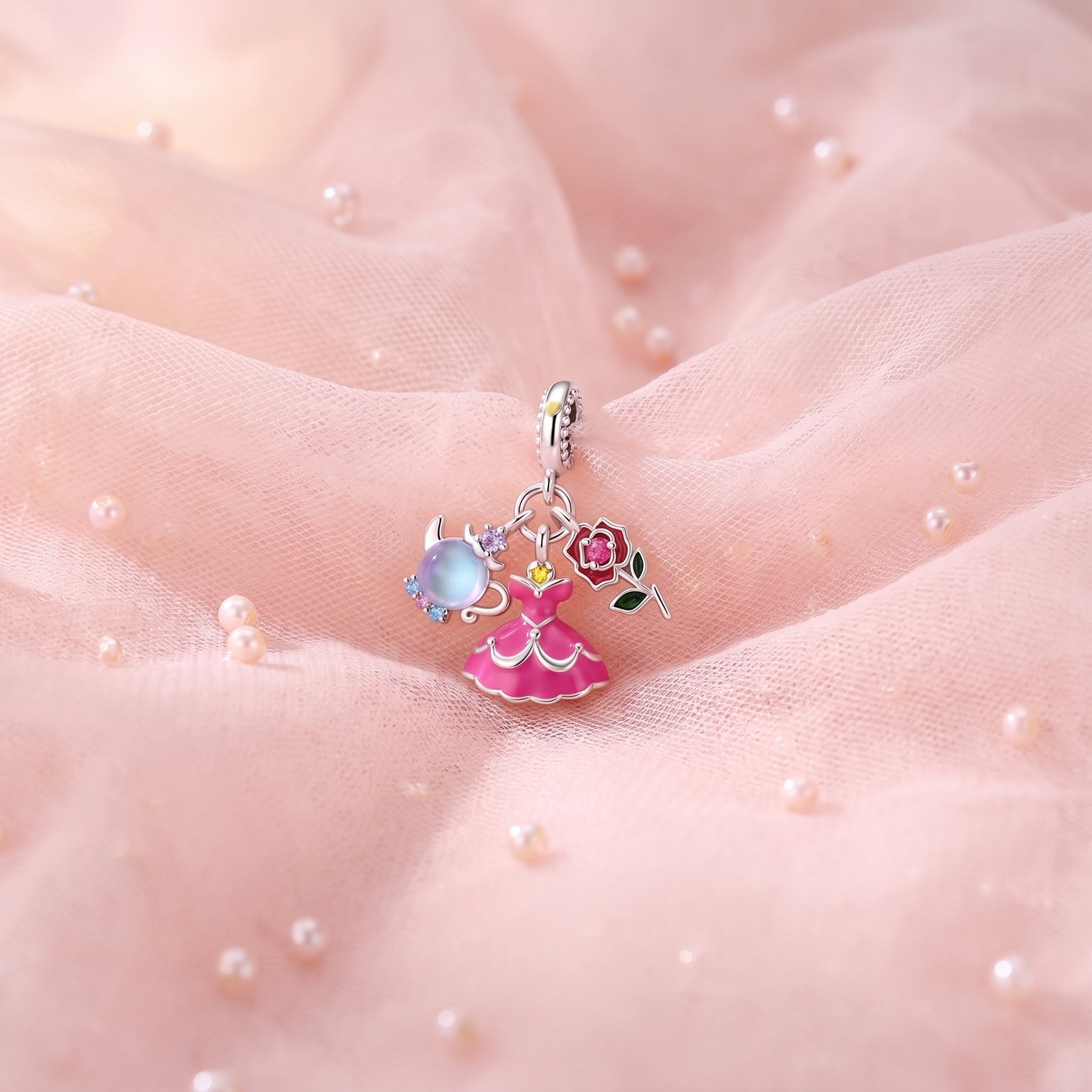 Charm, pendente principessa fiabesca in argento, per donna, modello Principessa Abito Rosa