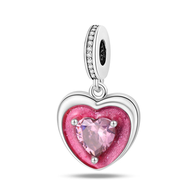 Charm, pendente rosa glitterato in smalto e zirconi, per donna, modello Cuore Rosa Glitterato