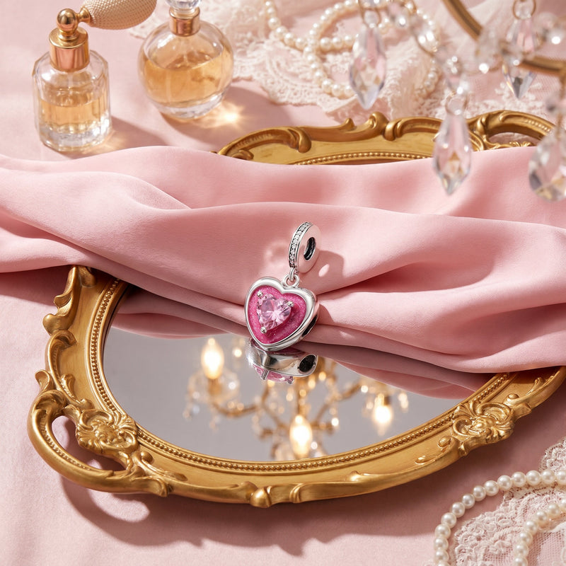 Charm, pendente rosa glitterato in smalto e zirconi, per donna, modello Cuore Rosa Glitterato