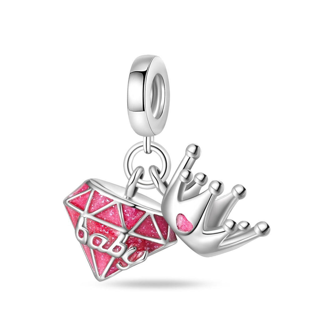 Charm, Pink Glitter Enamel and Zircon Pendant for Women, Diamond Rose and Crown Model