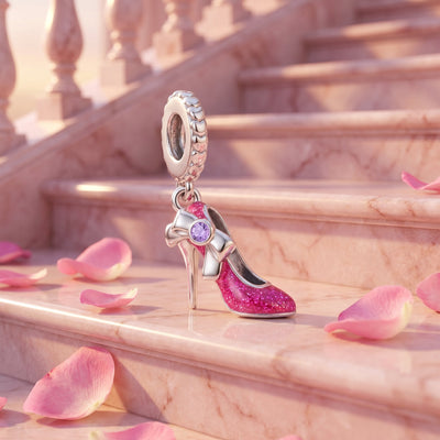 Charm escarpin rose pailleté, noeud et zircon lavande, pour femme, modèle Escarpin Rose Pailleté
